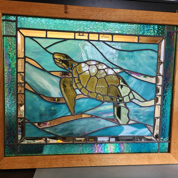 Oceanic Elegance: Stained Glass Panel with Beveled Sea Turtle and Iridescent Glass